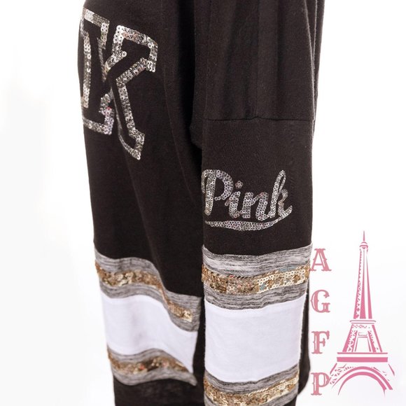 PINK VS bling Logo sequin Varsity black V neck Top - Picture 9 of 10
